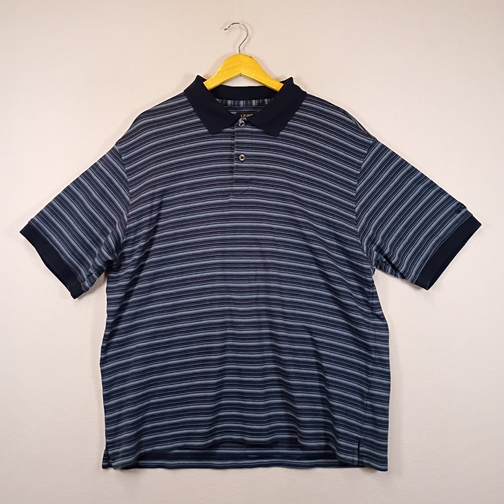 Classic Dadcore IZOD Mens Large Blue Striped 100% Cotton Short Sleeve Polo Shirt